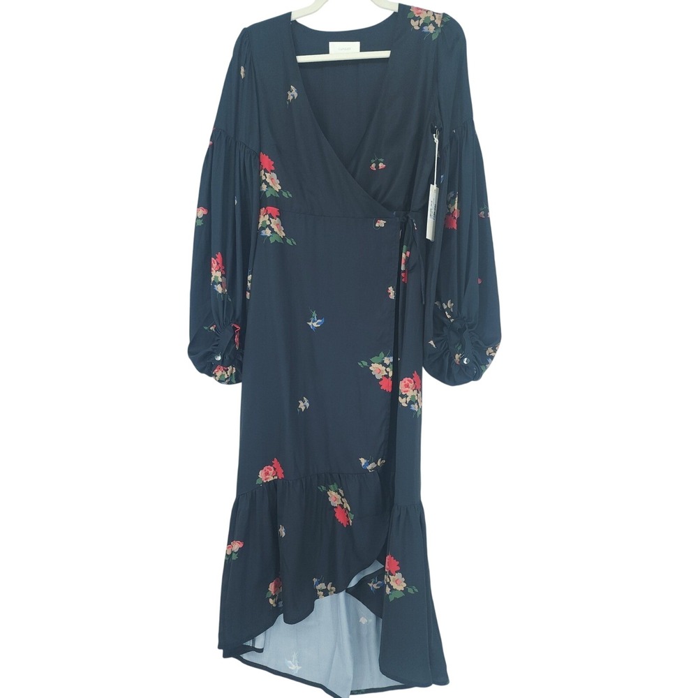 Floral Midi Wrap Satin Dress Womens XS Black Romantic Fairy Whimsigoth‎ NWT